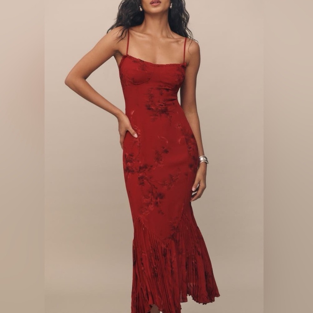new Reformation Aiko bustier pleated mermaid midi dress in Red Vermillion floral - Picture 3 of 8